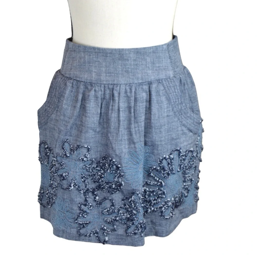 2 Pull On Mini Skirts Blue Embroidered Lace Ruffle‎ Cream Coquette Country Boho